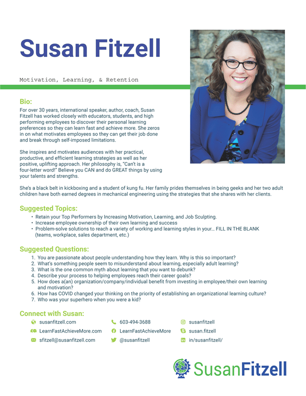 Susan Fitzell podcast onesheet motivation, learning and retention