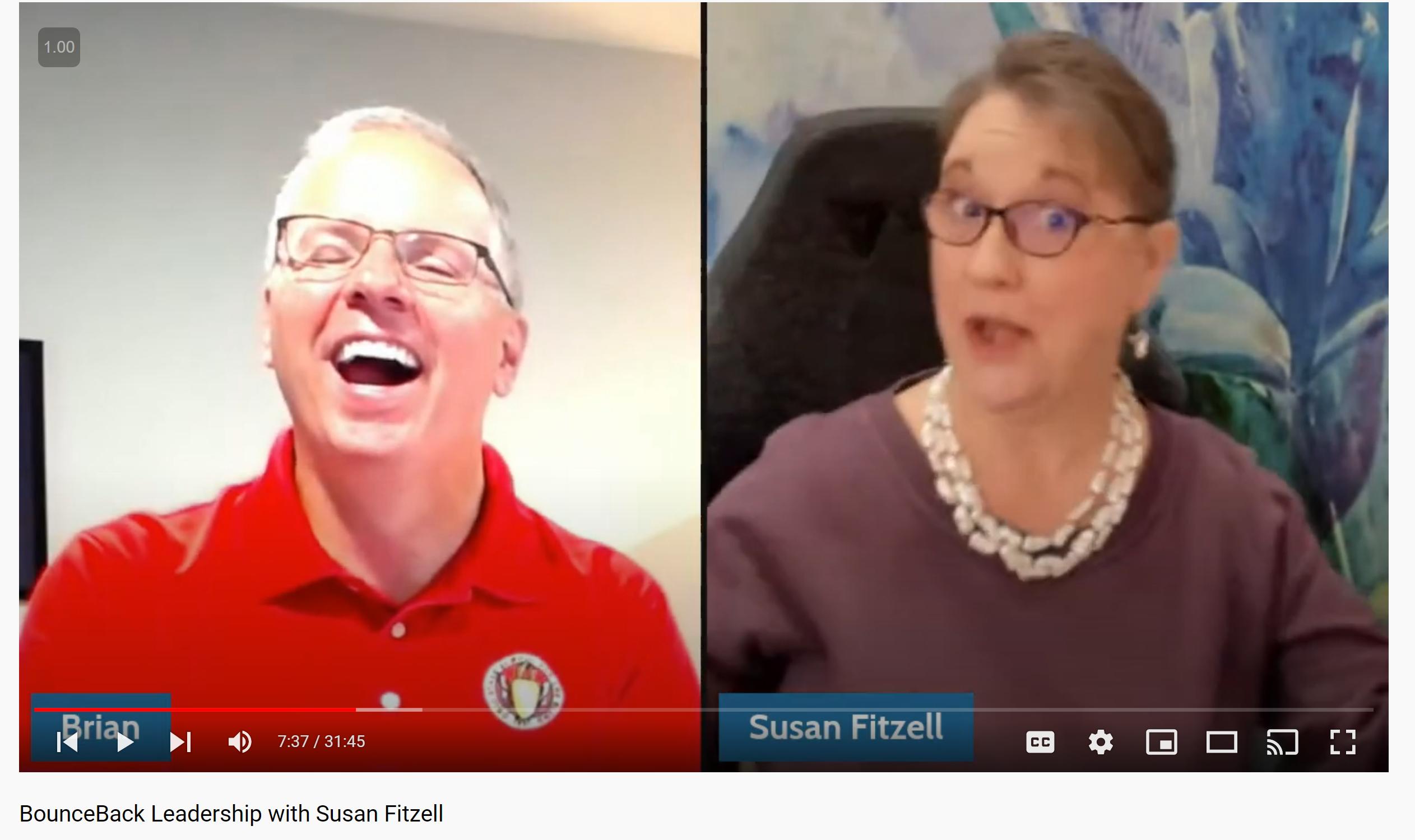 Screenshot from the Bounce Back Leadership Show, It's a photo of Brian Wagner, Host and Susan Fitzell, Guest, side by side on Zoom.