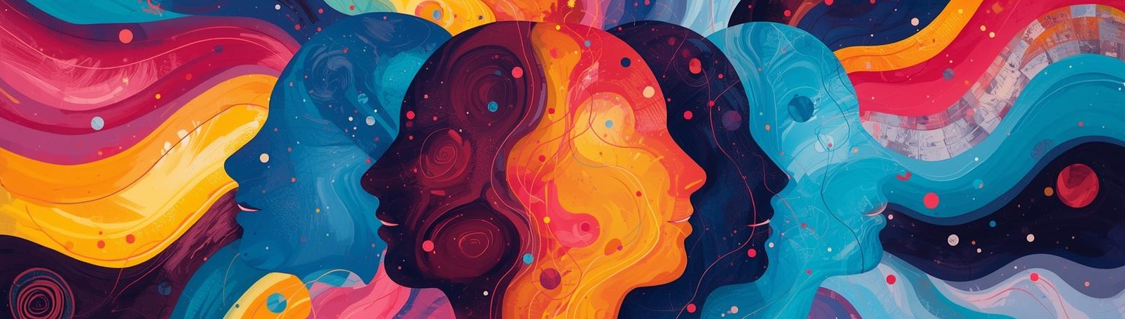 Abstract illustration of three overlapping human profiles in vibrant blues, reds, yellows, and pinks, facing different directions, with flowing, swirling color patterns suggesting diverse ways of thinking and interconnected minds.