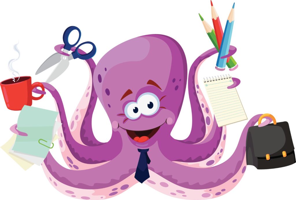 Crazy octopus returning to work. - return-to-office neurodivergent employees with top neurodiversity speaker Susan Fitzell, M.Ed., CSP