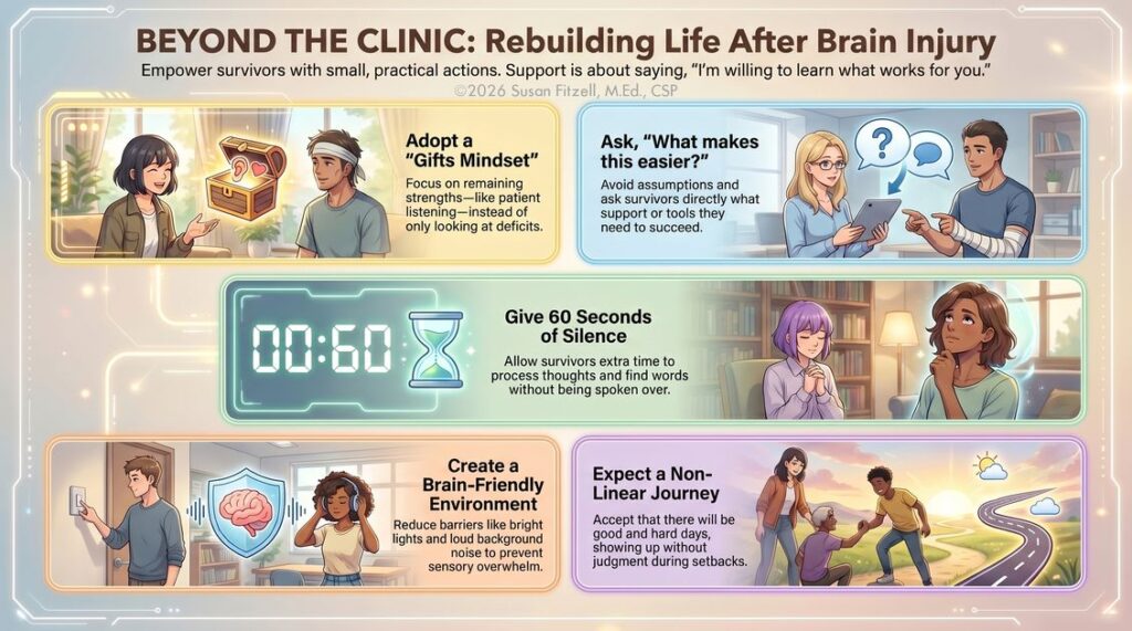 Infographic showing five ways to support brain injury survivors: focus on strengths, ask what helps, allow processing time, reduce sensory barriers, and expect a non-linear recovery.